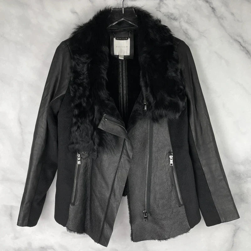 Ashley B $1795 Leather Shearling Wool Zipper Cowl Moto Biker Coat Jacket Black S