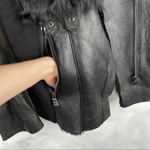 Ashley B $1795 Leather Shearling Wool Zipper Cowl Moto Biker Coat Jacket Black S
