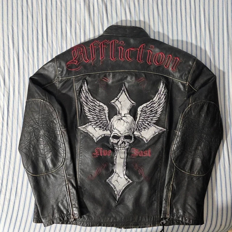 Affliction black leather jacket with red lining and cross design