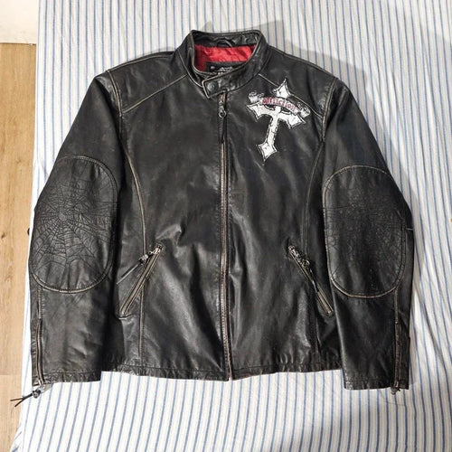 Affliction black leather jacket with red lining and cross design