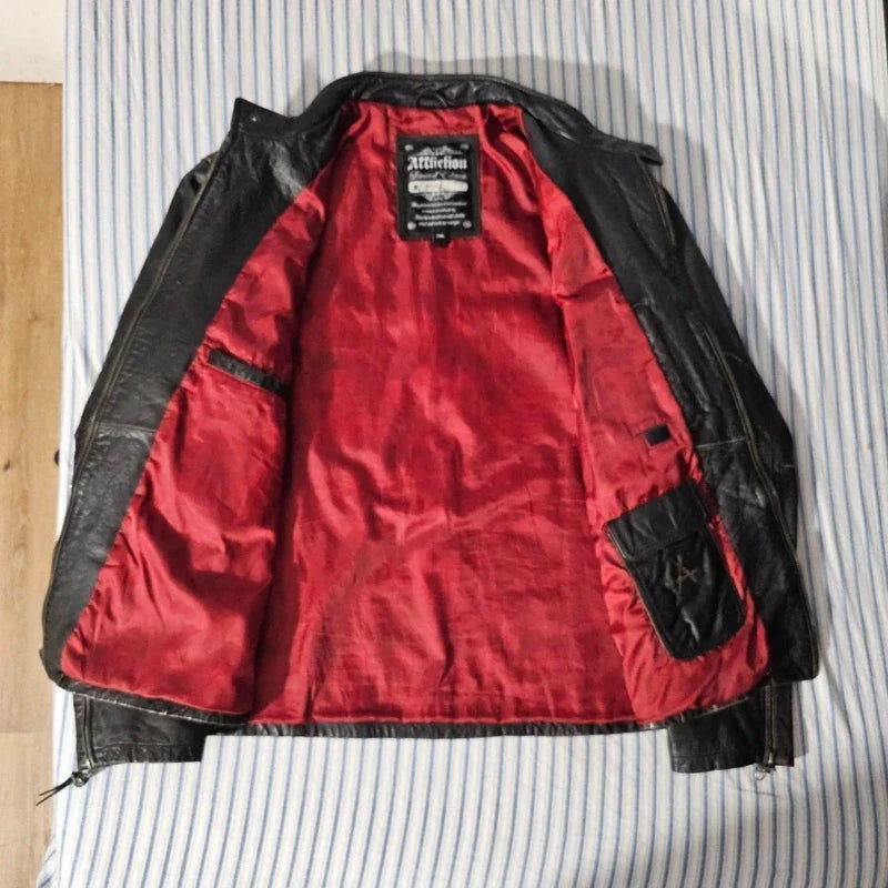 Affliction black leather jacket with red lining and cross design